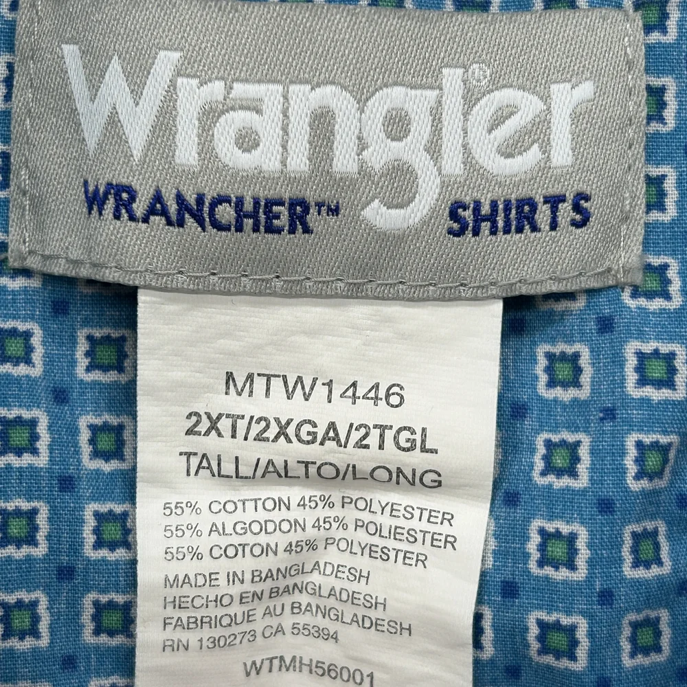 Wrangler Wrancher Shirt Mens 2XT Blue Western Pearl Snap Short Sleeve MTW1446